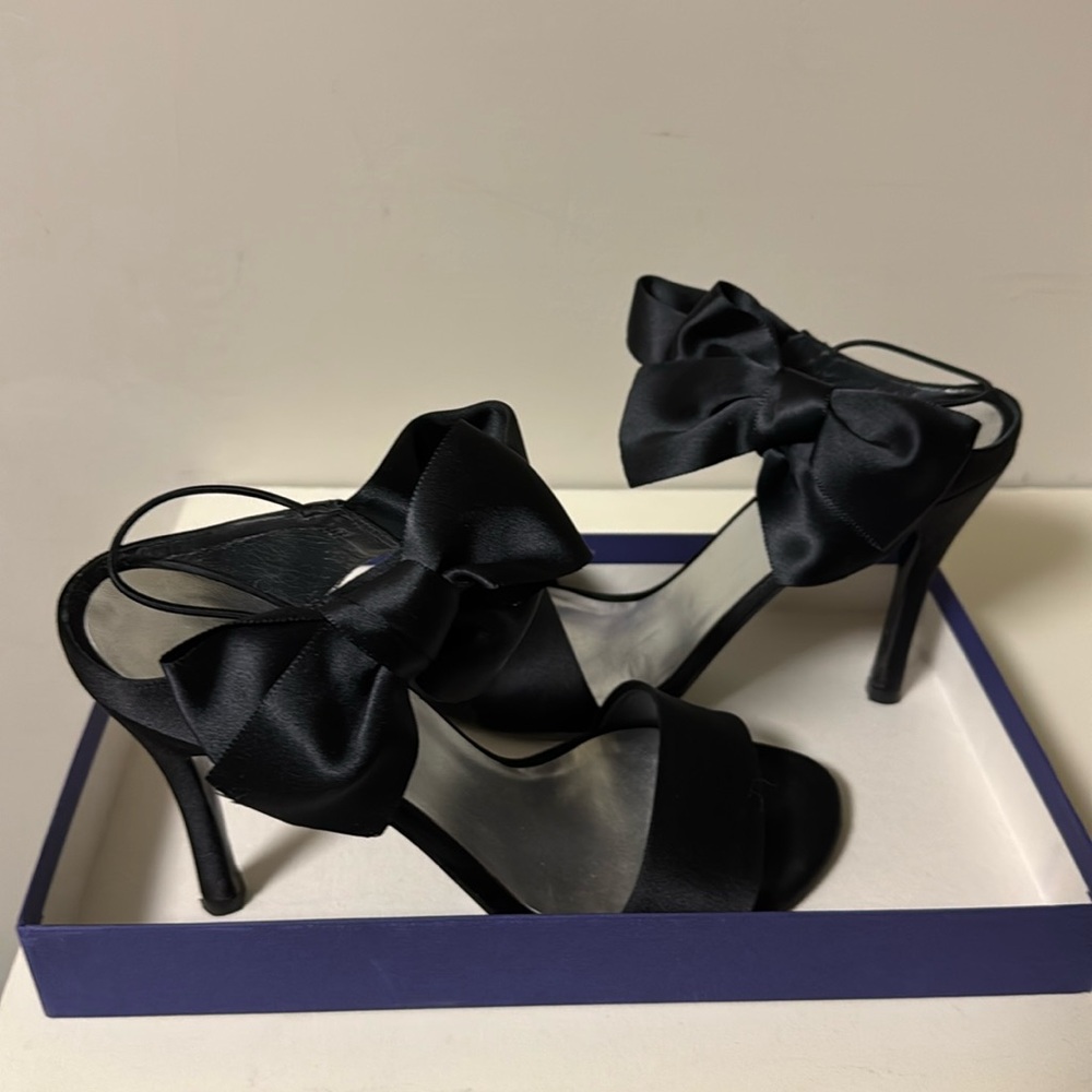 Stuart Weitzman big bow black satin sandal.  Worn once! Excellent condition.